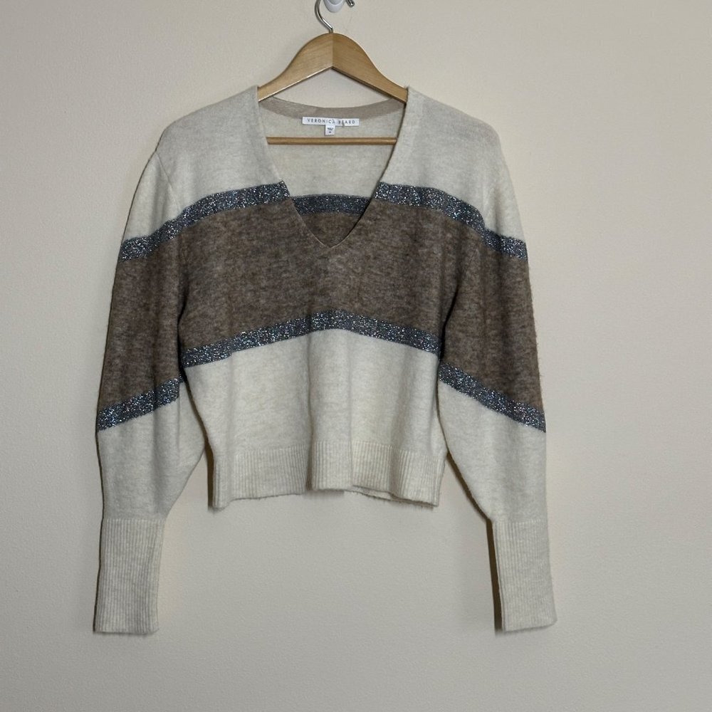 Veronica Beard Miley Metallic V Neck Sweater Ivory Multi Womens Size Medium Wool - Picture 4 of 9